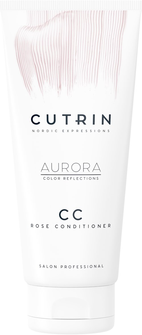En vit tub med Cutrin Aurora CC Rose Conditioner med svart text och en rosa abstrakt design.