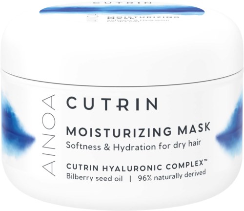 Ein weißer Behälter von Ainoa Cutrin feuchtigkeitsgebende Maske für trockenes Haar mit blauer Gestaltung und Produktdetails.