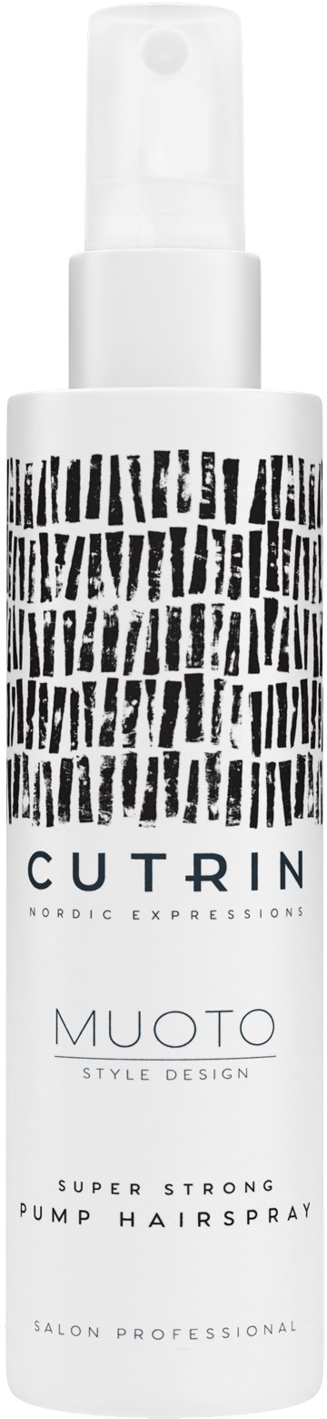A white hair spray bottle with black abstract patterns and text, labeled 'Cutrin Muoto Super Strong Pump Hairspray'.