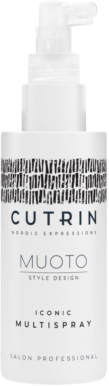 A white bottle with a pump, labeled Cutrin Muoto, stylized design, and multi spray features for hair. 