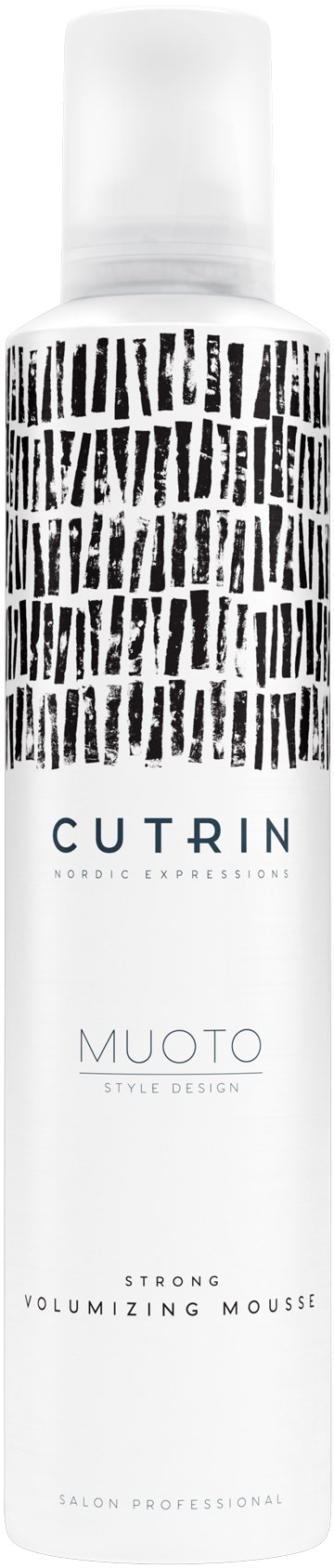 Pitkä valkoinen pullo, jossa on mustia raitoja ja tekstit 'CUTRIN' ja 'MUOTO'. Se on hiusmuotoilutuote.