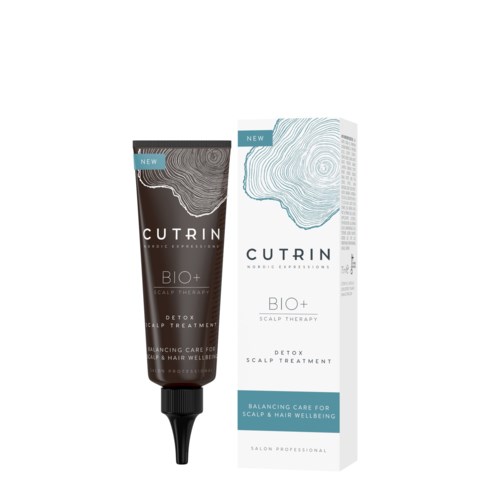 A hair treatment product named CUTRIN BIO+ Detox Scalp Therapy with packaging box showing blue and white design.
