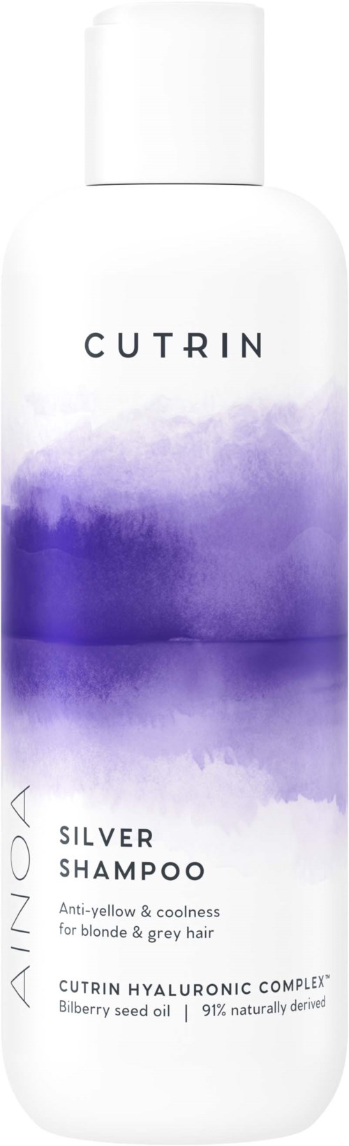 A white shampoo bottle with purple water-like design, labeled 'CUTRIN SILVER SHAMPOO' for blonde and gray hair.