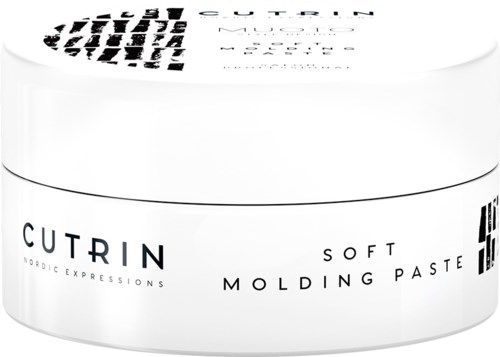 A round white container labeled 'CUTRIN SOFT MOLDING PASTE' with black text, used for hair styling.