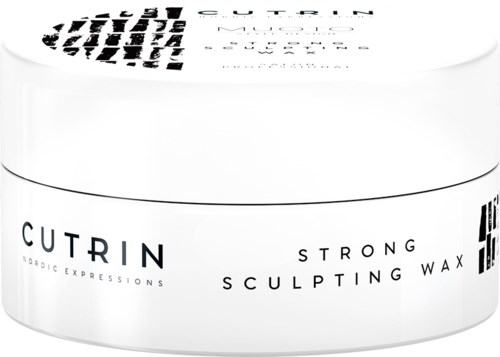 A white round container with black text advertising strong sculpting wax by Cutrin, a Nordic expressions brand.