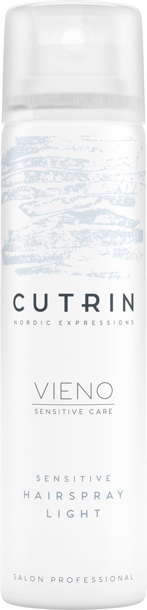 En vit flaska av Cutrin Vieno Sensitive Care hårspray Light med ett tydligt lock.