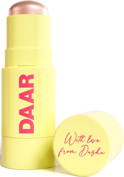 Geel lipbalm-huls met roze tekst en een apart geel deksel dat zegt "With love from Dasha."