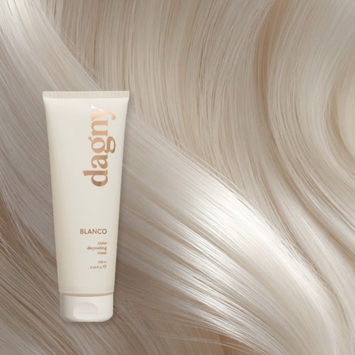 A hair dye product called 'daygly' in white packaging on light blonde hair background.