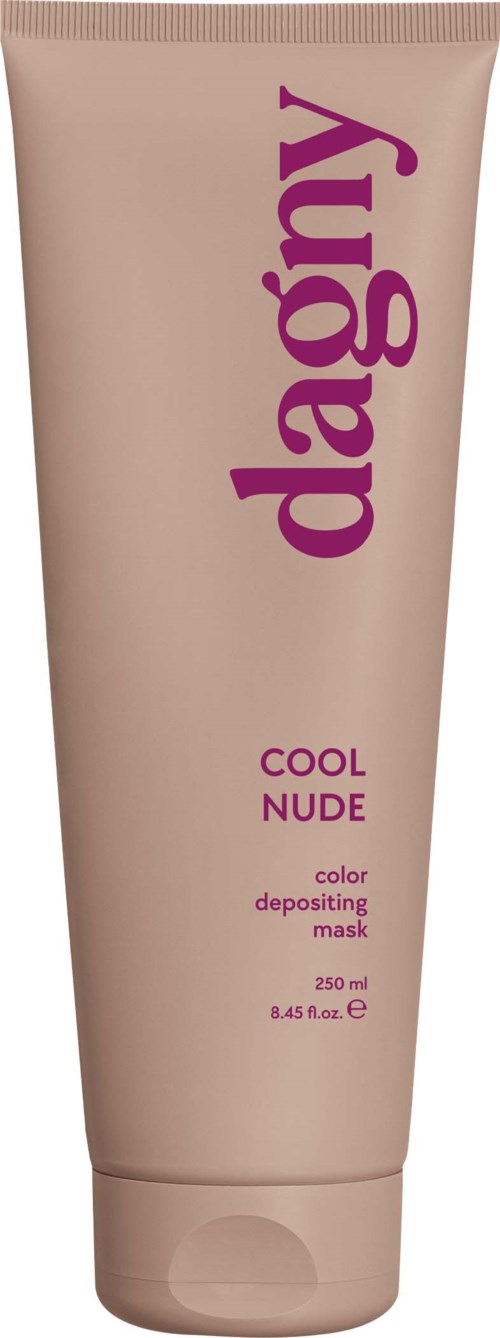 En beige tub Dagy Cool Nude-färgdeponeringsmask med lila text och lock.