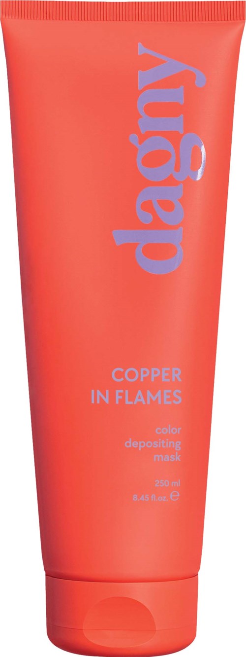 A coral-colored tube of Dagy Copper in Flames face mask with purple text.