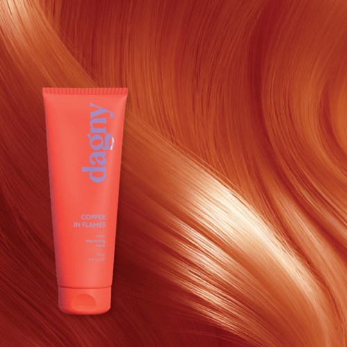 A red hair tube titled Dagy Copper in Flames with shiny, flowing hair background.