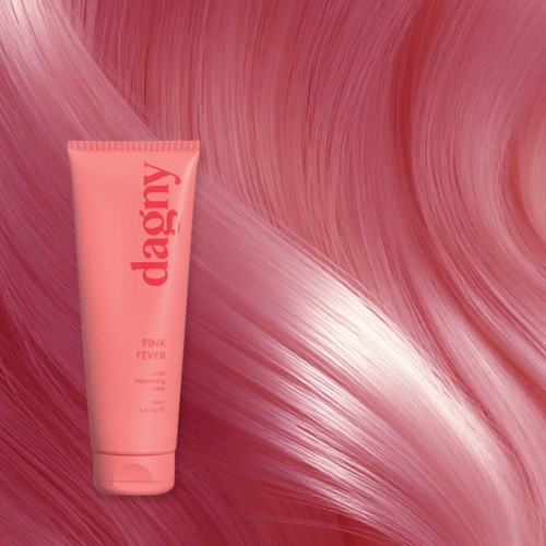A pink tube of Dagy Pink Fever hair color against a pink and white swirling background.