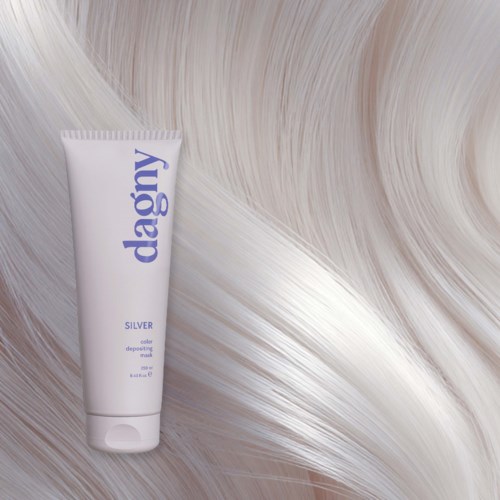 A tube of Silver color depositing mask on flowing white hair background.