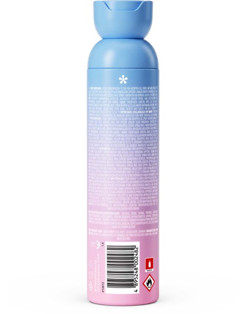 Blå og pink sprayflaske med tekst og stregkode på bagsiden.