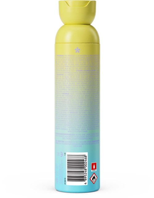 En lang cylindrisk beholder med gul top og gradient blågrøn krop, med tekst og symboler inklusive stregkode.