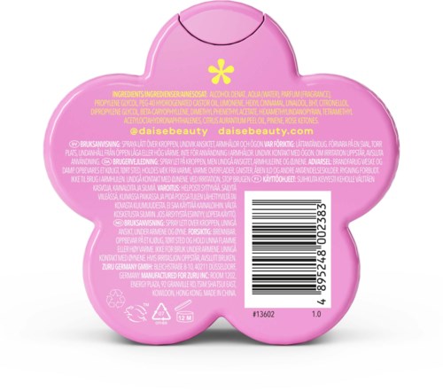 Pakning i form af en pink blomster med en gul blomsterlogo og stregkode.