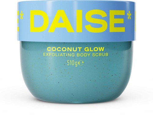 En blå beholder af DAISE Coconut Glow Exfoliating Body Scrub med gul og blå mærkning, der viser produktdetaljer.