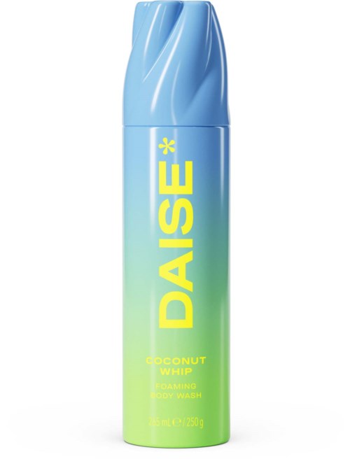 Blå og grøn flaske med Daisé Coconut Whip skummende kropsvask med gul tekst.