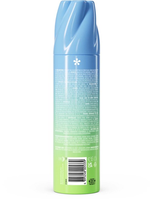 En lang, blå og grøn sprayflaske med buet låg, viser ingredienser og stregkode på etiketten.