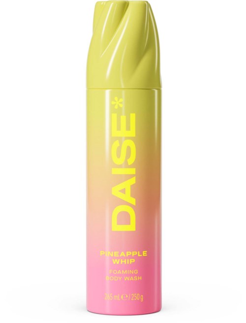 Pink og gul beholder til DAEISE Pineapple Whip skummende kropsvask med en buet gul låg.