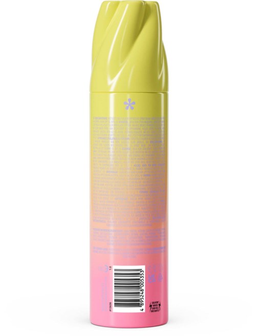 En lang gul og lyserød sprayflaske med rund hætte og stregkode forneden.