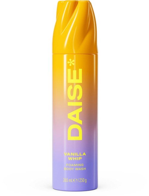 En lang, cylindrisk body wash-flaske med gult låg og gradientetikett i lilla og gult med teksten DASE Vanilla Whip.