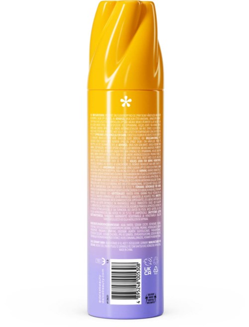 En gul-lilla sprayflaske med rund top, med tekst og stregkode på bagsiden.
