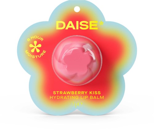 En rund pink læbepomade i gennemsigtig plast, omgivet af en farverig blomsterformet baggrund med gul tekst.