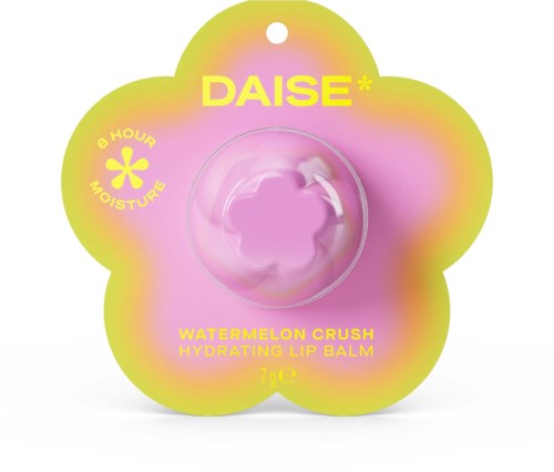 Pakning af en vandmelon-duftende fugtgivende læbepomade i en blomsterformet beholder med gule og pink farver og tekst.
