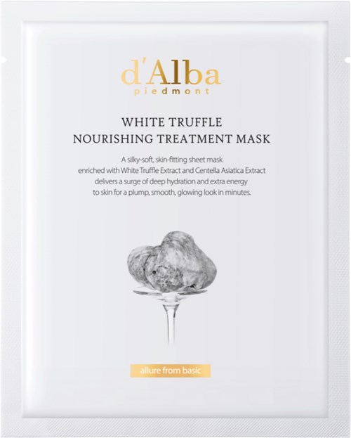 Ett hudvårdsproduktpaket med titeln White Truffle Nourishing Treatment Mask med en svartvit illustration av en delikatess-tratt.