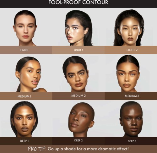 Olika hudtoner med olika contour-skuggor från ljus till mörk, visar sminktips för ett dramatiskt utseende.