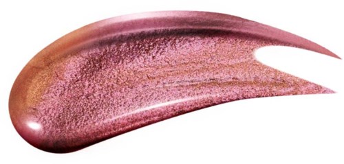 Kiiltävä, vaaleanpunainen-kultainen meikkinäytteenä, jolla on sileä, sekoitettu koostumus ja heijastava pinta.