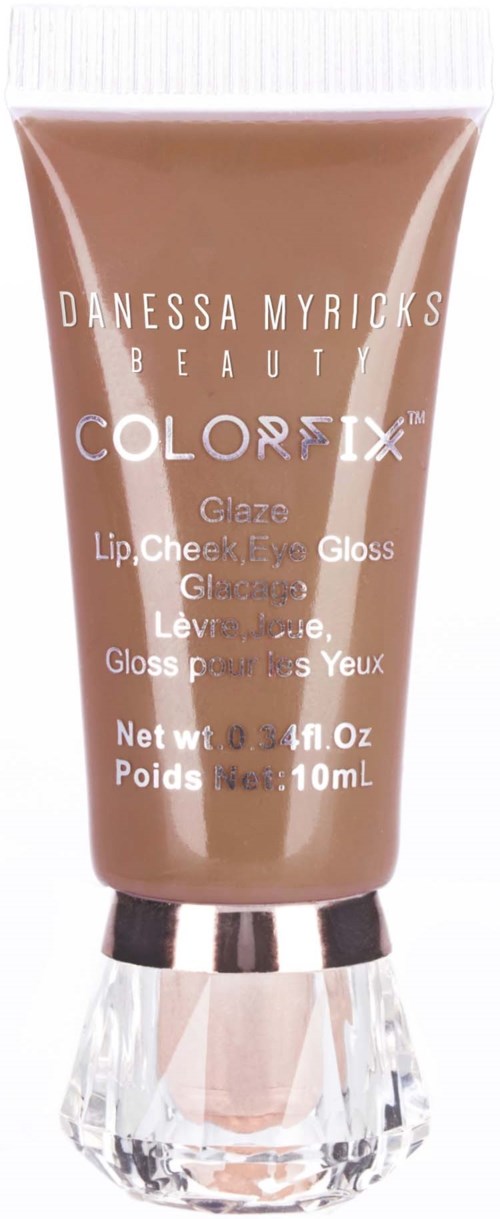 Tuba z Danessa Myrick's Beauty Colorfix Glaze Lip and Cheek Gloss, w beżowym kolorze z srebrną zakrętką.