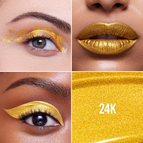 Nahaufnahme von Augen und Lippen mit Gold-Make-up und Glitzer, die glänzende Goldstrukturen und das '24K'-Label hervorheben.