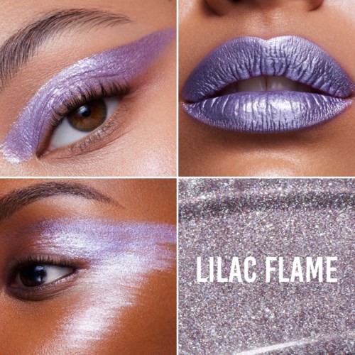 Fire bilder viser lilla metallisk sminke på øyne og lepper, og glitter med teksten "LILAC FLAME."