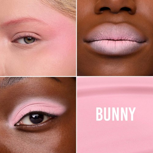 Nærbilde av ulike øye- og leppe sminkestiler, med rosa bakgrunn og ordet 'BUNNY' i hvitt.