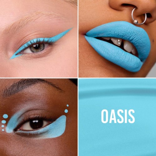 Nærbilde av forskjellige øyne og lepper med lyseblå sminke, ved siden av en logo med ordet "OASIS."