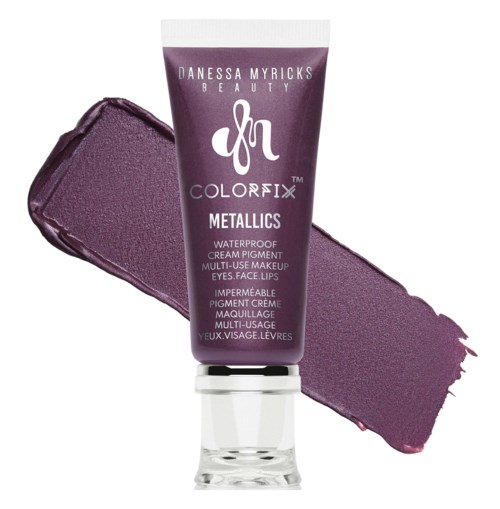 Purple lipstick and packaging, with the brand name Danessa Myricks and product details visible.