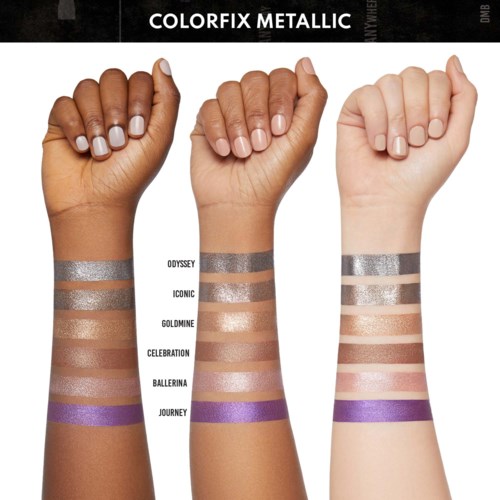 Three arms with different skin tones show metallic eyeshadow colors labeled from light to dark.