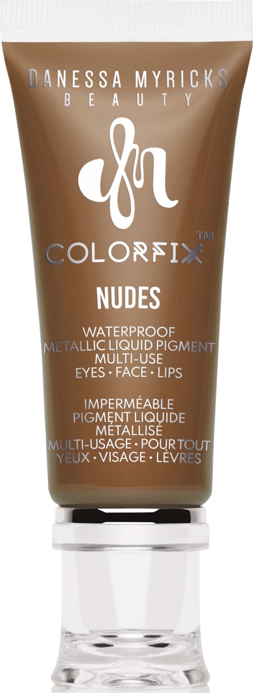 A brown tube of Danessa Myricks Beauty Color Fix Nudes waterproof pigmented liquid for eyes, face, and lips.