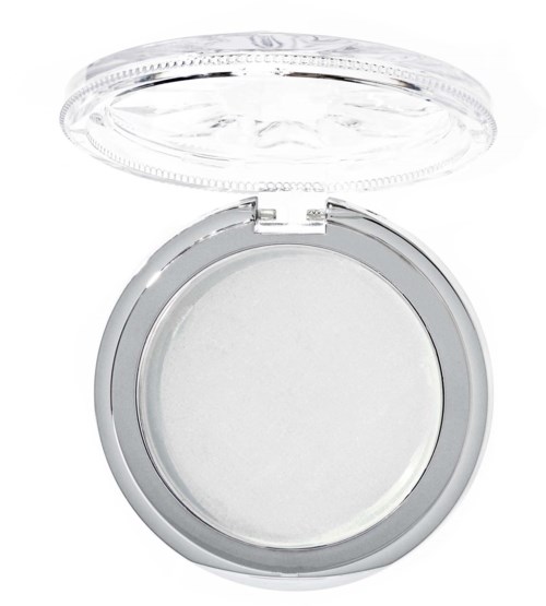 A round white compact with a transparent lid, likely for makeup or face powder.