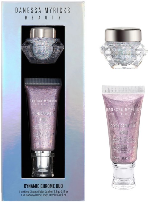 Cosmetic set with sparkling gel, purple cream, and clear jars in packaging.