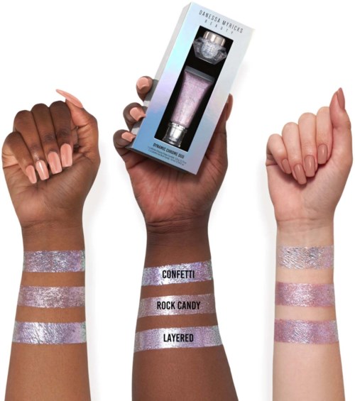 Three arms show shiny, glittery makeup swatches labeled 'Confetti,' 'Rock Candy,' and 'Layered,' with a woman holding a makeup product.