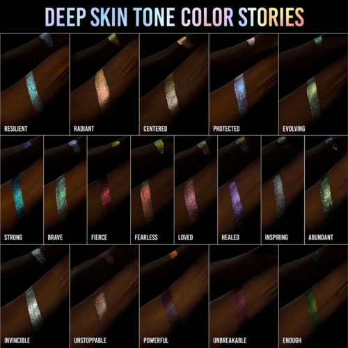 A display of skin tone colors with names like Resilient, Radiant, and Fierce, showing different shades on arms.