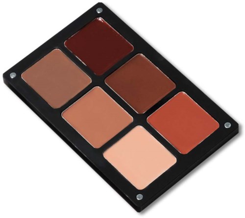 En makeup palette med seks forskellige nuancer af brunt, beige og rødt.