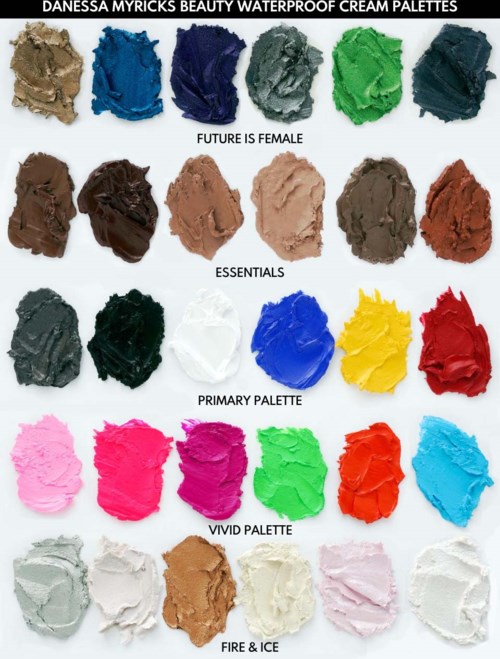 Een palet waterbestendige crème oogschaduwen in verschillende kleuren, gegroepeerd in categorieën zoals Future is Female en Vivid Palette.