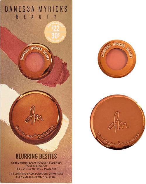 Packaging of Danessa Myricks blush with small round container and large compact, featuring brown tones and branding.