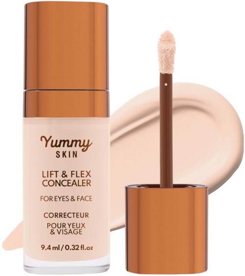 Peitevoidepullo, jossa sienen sovitin, nimeltä 'Yummy Skin Lift & Flex Concealer' silmille ja kasvoille.