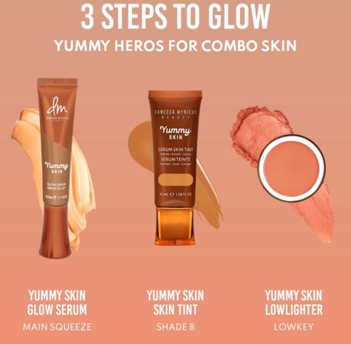 Three skincare products: a glow serum, a skin tint, and a lowlighter, each with steps labeled for glowing skin.
