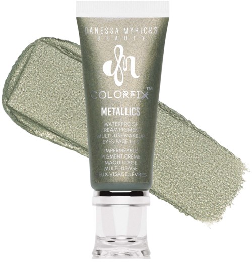 Grøn metallic creme i tube med sølvhætte, med farveprøve på hvid baggrund.